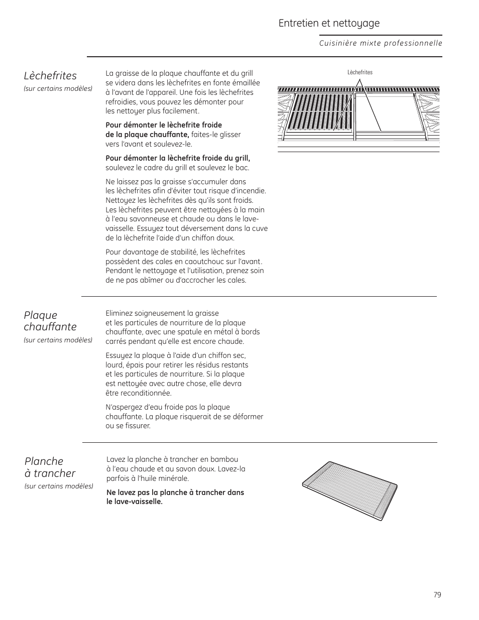 Lampes du four, Lèchefrites, Entretien et nettoyage | Plaque chauffante, Planche à trancher | GE Monogram ZDP484LGPSS User Manual | Page 79 / 128