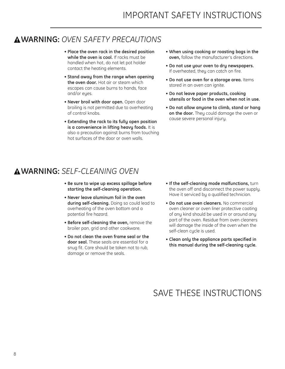 Warning: oven safety precautions, Warning: self-cleaning oven | GE Monogram ZDP484LGPSS User Manual | Page 8 / 128