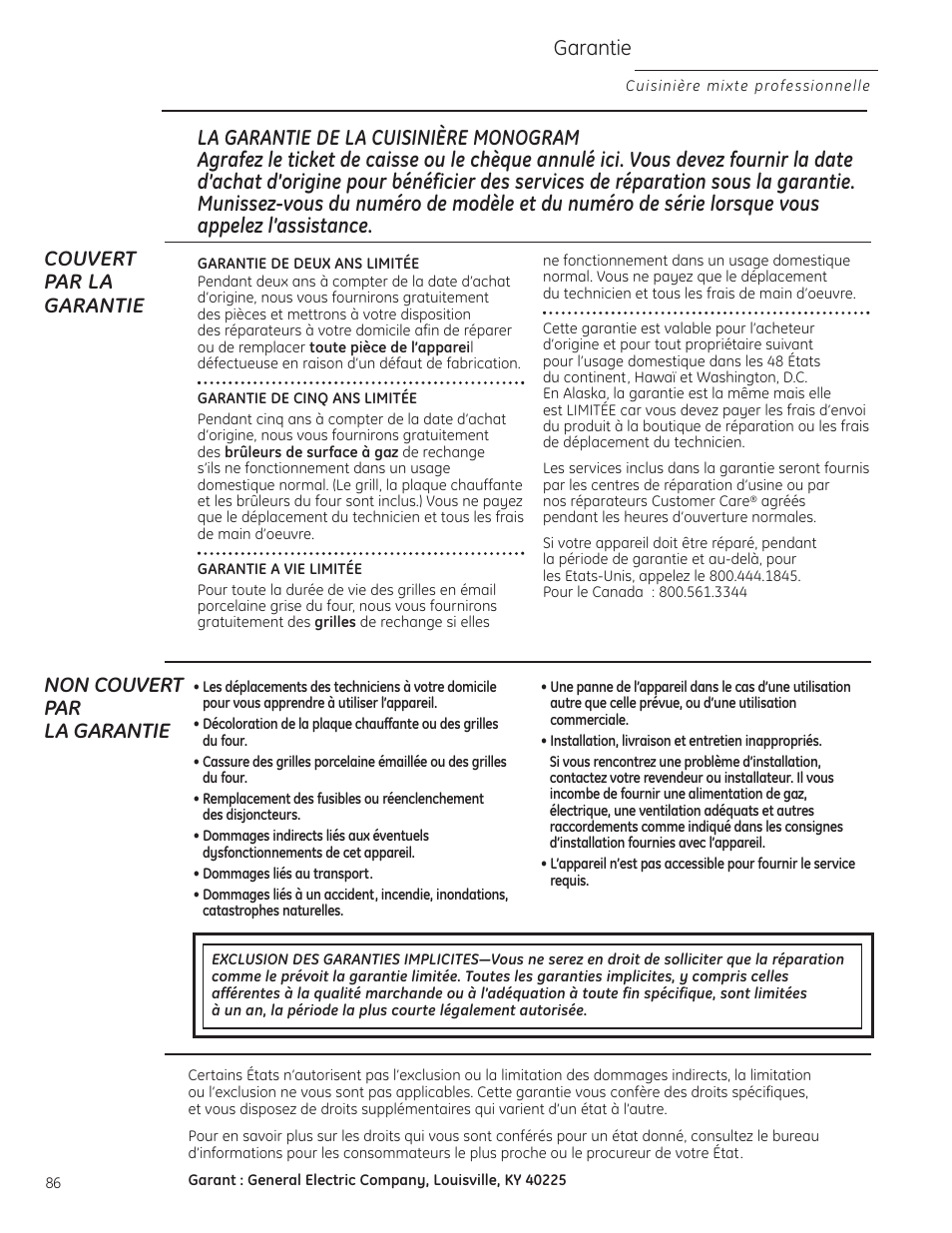 Garantie, Couvert par la garantie, Non couvert par la garantie | GE Monogram ZDP484LGPSS User Manual | Page 86 / 128