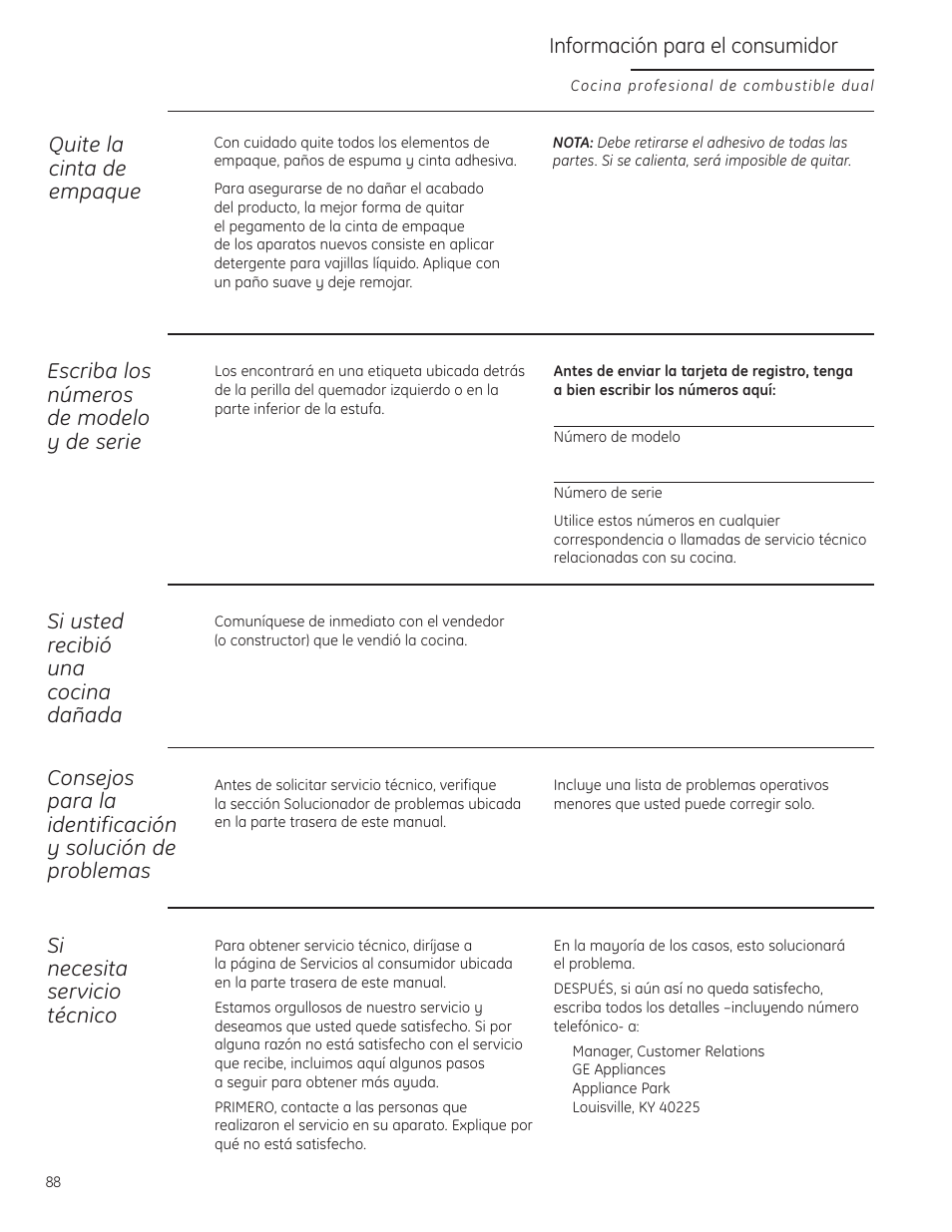 Numéros de téléphone importants, Número de modelo y de serie, Escriba los números de modelo y de serie | Si usted recibió una cocina dañada, Si necesita servicio técnico, Quite la cinta de empaque, Información para el consumidor | GE Monogram ZDP484LGPSS User Manual | Page 88 / 128