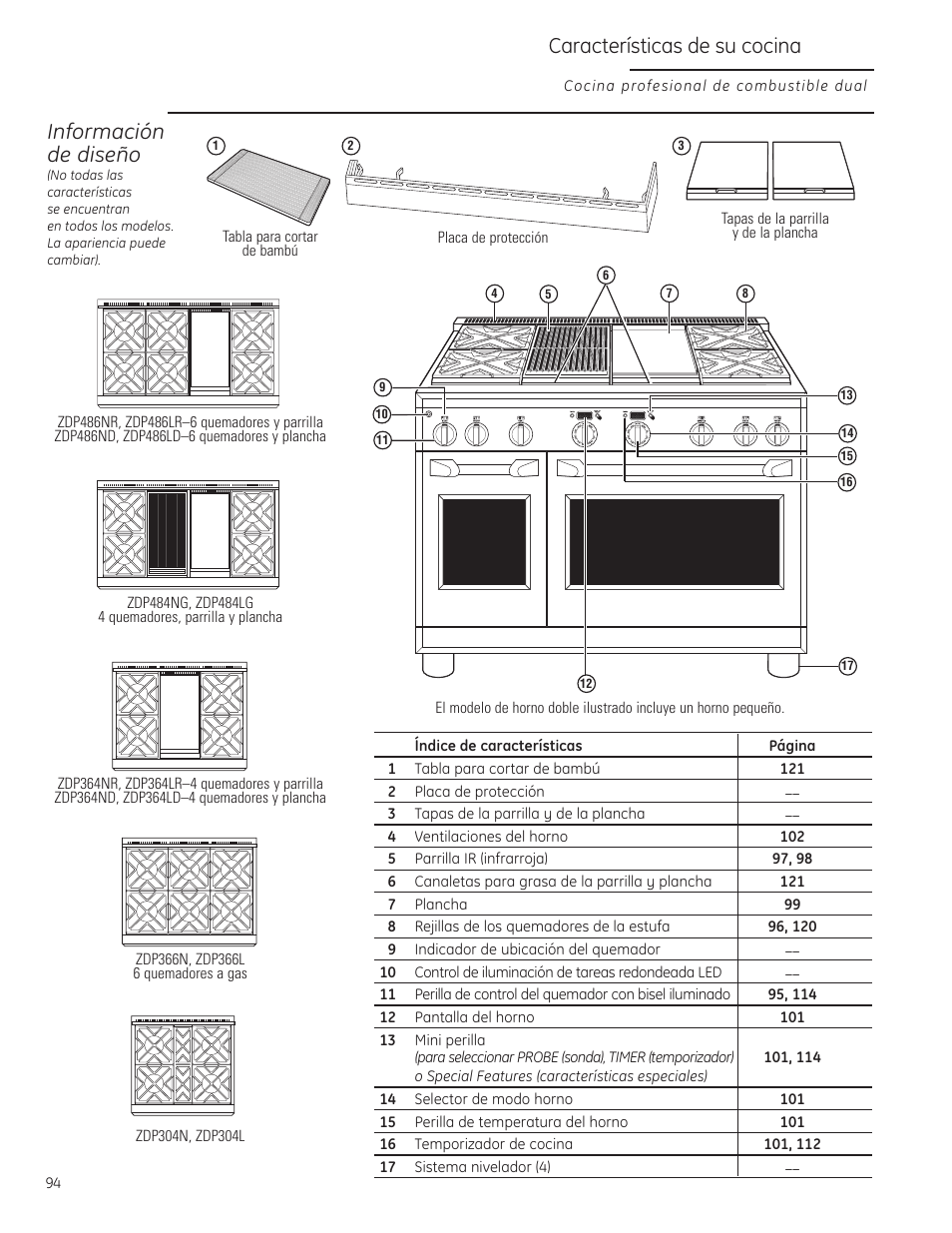 Controles, Características, Controles , 95, 101 | Controles , 101, 104, 106, Información de diseño, Características de su cocina | GE Monogram ZDP484LGPSS User Manual | Page 94 / 128
