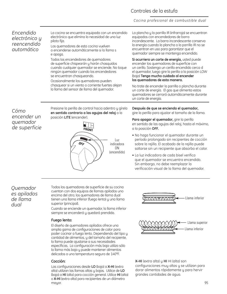 Quemadores, Quemadores apiladosde llama dual, Quemadores apilados de llama dual | Controles de la estufa, Encendido electrónico y reencendido automático, Cómo encender un quemador de superficie, Quemador es apilados de llama dual | GE Monogram ZDP484LGPSS User Manual | Page 95 / 128