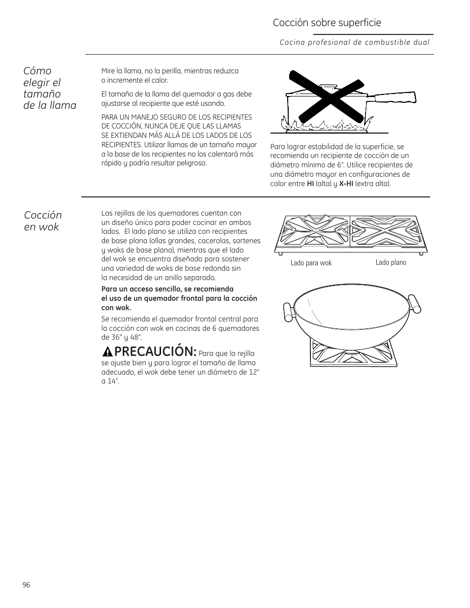 Recipientes de cocción, Rejillas del quemador, Rejillas del quemador , 120 | Precaución, Cómo elegir el tamaño de la llama, Cocción sobre superficie, Cocción en wok | GE Monogram ZDP484LGPSS User Manual | Page 96 / 128