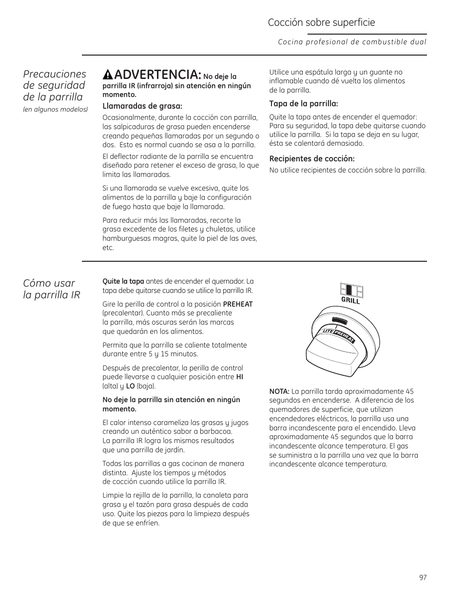 Parrilla, Parrilla , 98, Advertencia | Precauciones de seguridad de la parrilla, Cómo usar la parrilla ir, Cocción sobre superficie | GE Monogram ZDP484LGPSS User Manual | Page 97 / 128