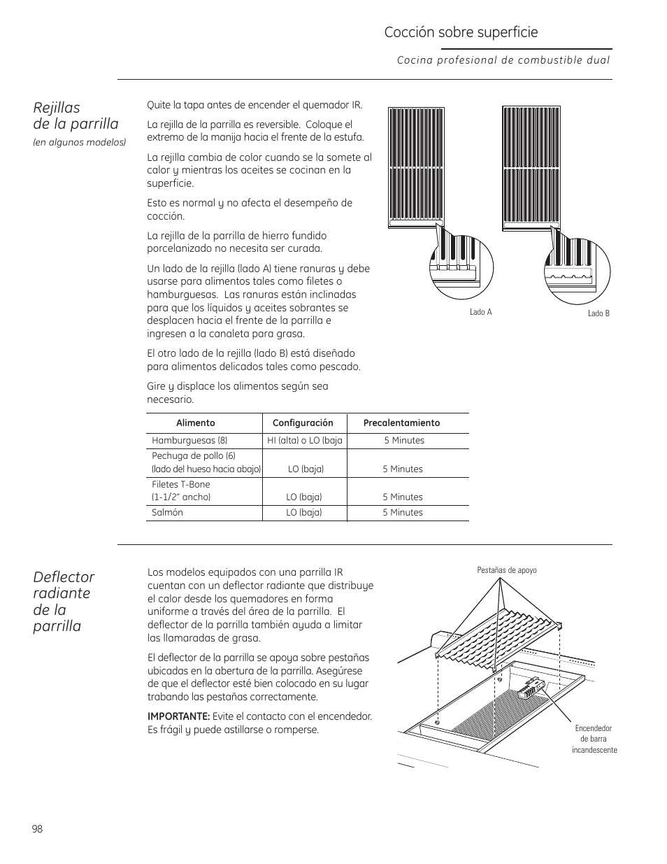 Cocción sobre superficie, Deflector radiante de la parrilla, Rejillas de la parrilla | GE Monogram ZDP484LGPSS User Manual | Page 98 / 128
