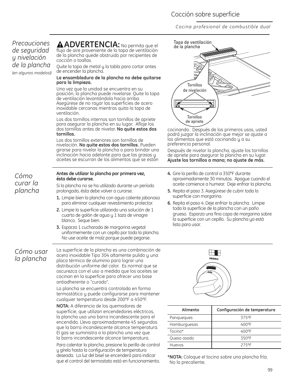 Plancha, Advertencia, Cocción sobre superficie | Cómo curar la plancha, Cómo usar la plancha | GE Monogram ZDP484LGPSS User Manual | Page 99 / 128