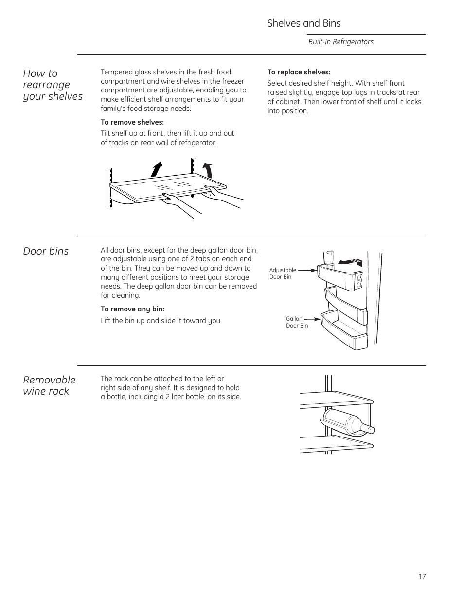 Shelves and bins, Shelves and bins , 18, How to rearrange your shelves | Door bins, Removable wine rack | GE Monogram built-in 42 User Manual | Page 17 / 32