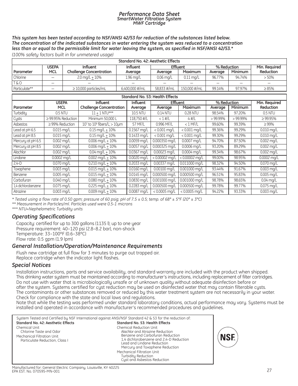 Smartwater filter performancedata sheet, Smartwater filter performance data sheet, Performance data sheet | Operating specifications, Special notices | GE Monogram built-in 42 User Manual | Page 27 / 32