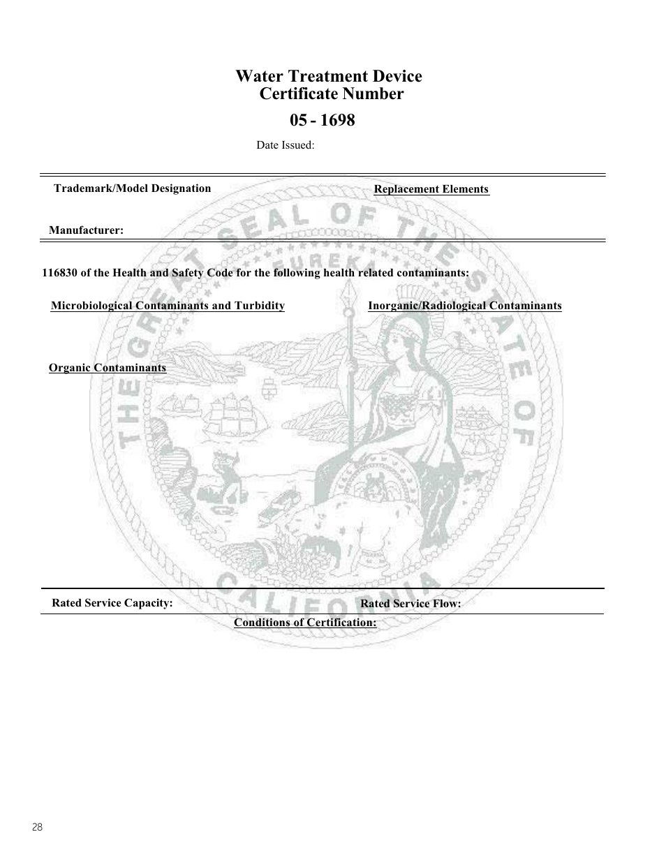 Water treatment device certificate number | GE Monogram built-in 42 User Manual | Page 28 / 32
