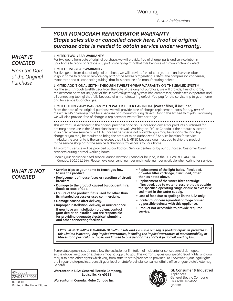 Warranty, What is not covered | GE Monogram built-in 42 User Manual | Page 32 / 32