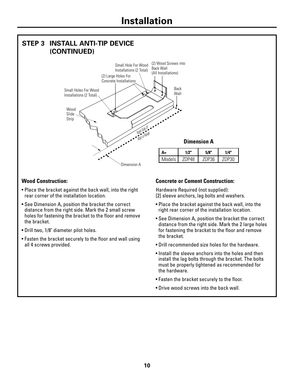 Installation, Install anti-tip device (continued), Step 3 | GE Monogram ZDP48N6D User Manual | Page 10 / 16