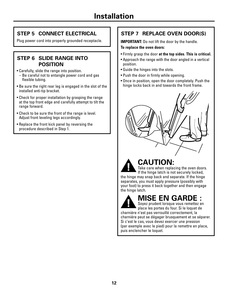 Step 5, connect electrical, Step 6, slide range into position, Step 7, replace oven doors | Caution, Mise en garde, Installation | GE Monogram ZDP48N6D User Manual | Page 12 / 16