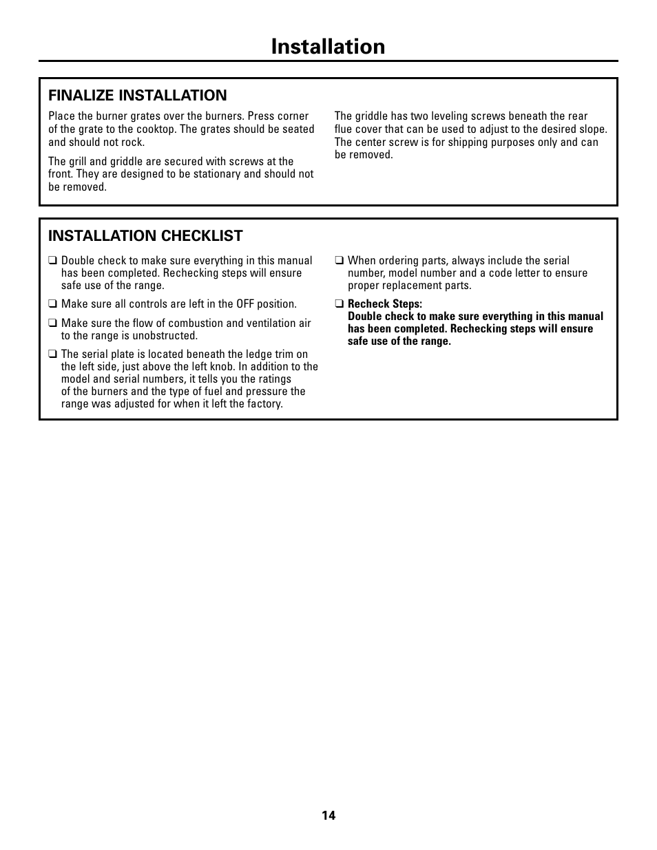 Installation checklist, Installation | GE Monogram ZDP48N6D User Manual | Page 14 / 16