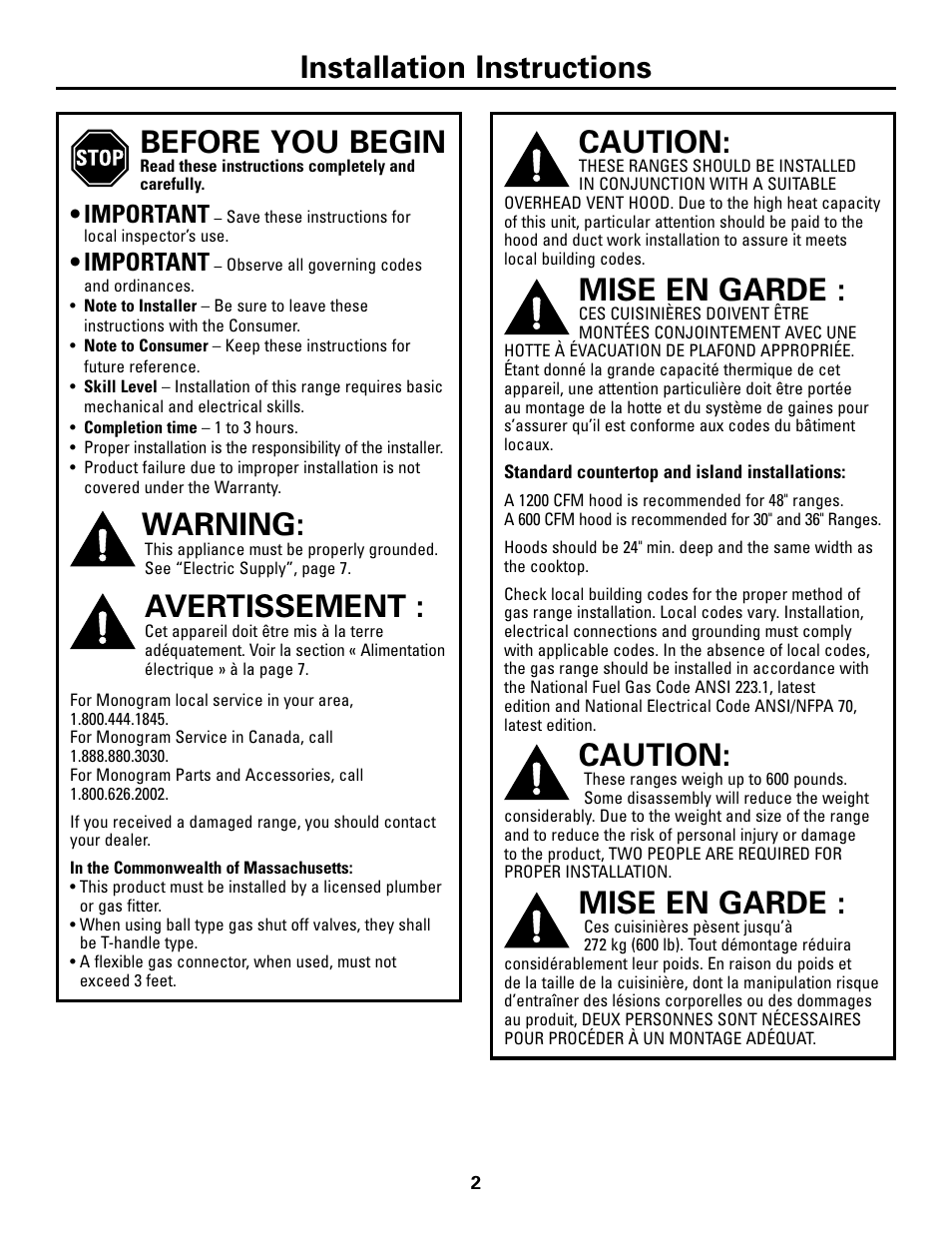 Caution, Mise en garde, Before you begin | Warning, Avertissement, Installation instructions, Important | GE Monogram ZDP48N6D User Manual | Page 2 / 16
