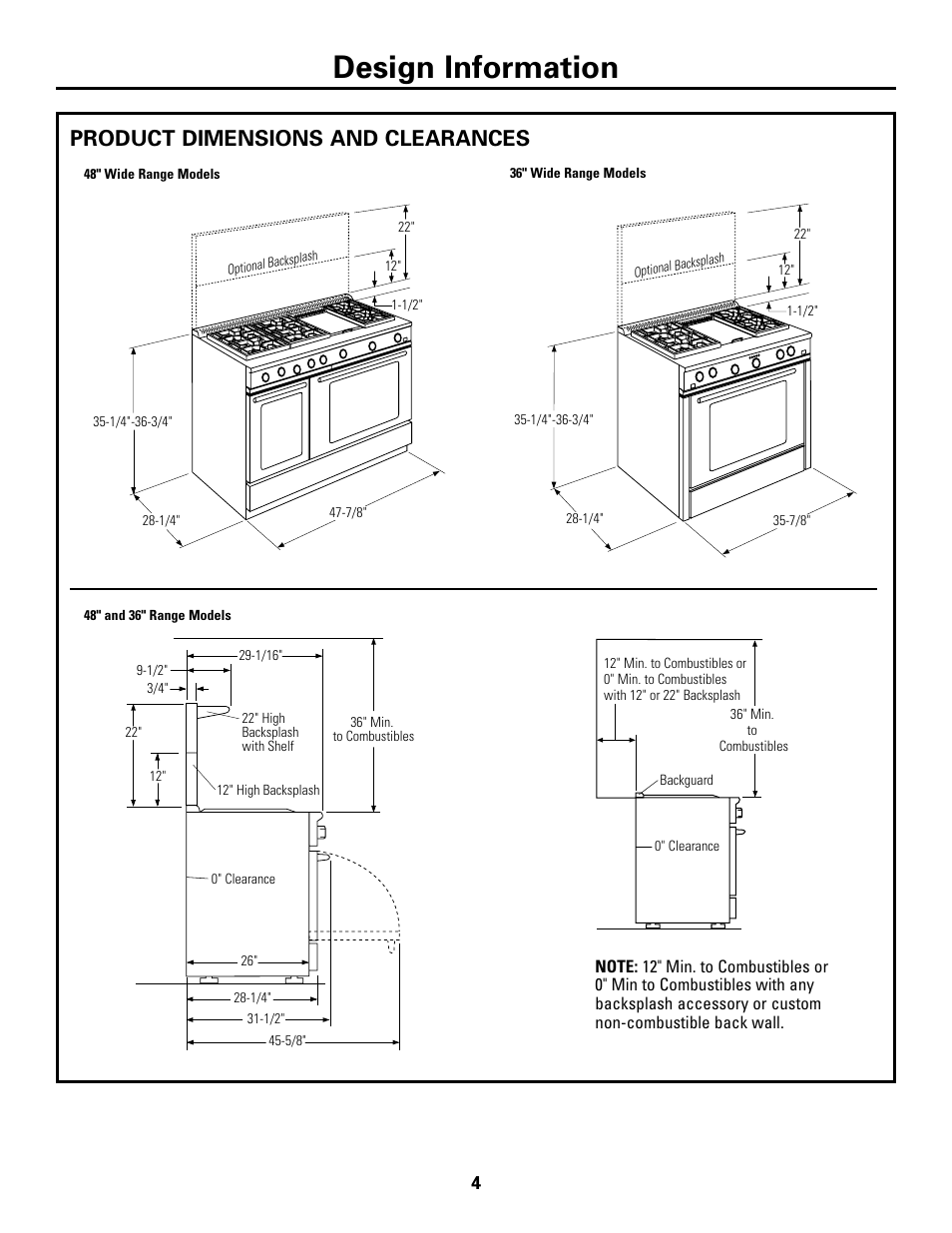 Product dimensions and clearances, Product dimensions and clearances , 5, Design information | GE Monogram ZDP48N6D User Manual | Page 4 / 16