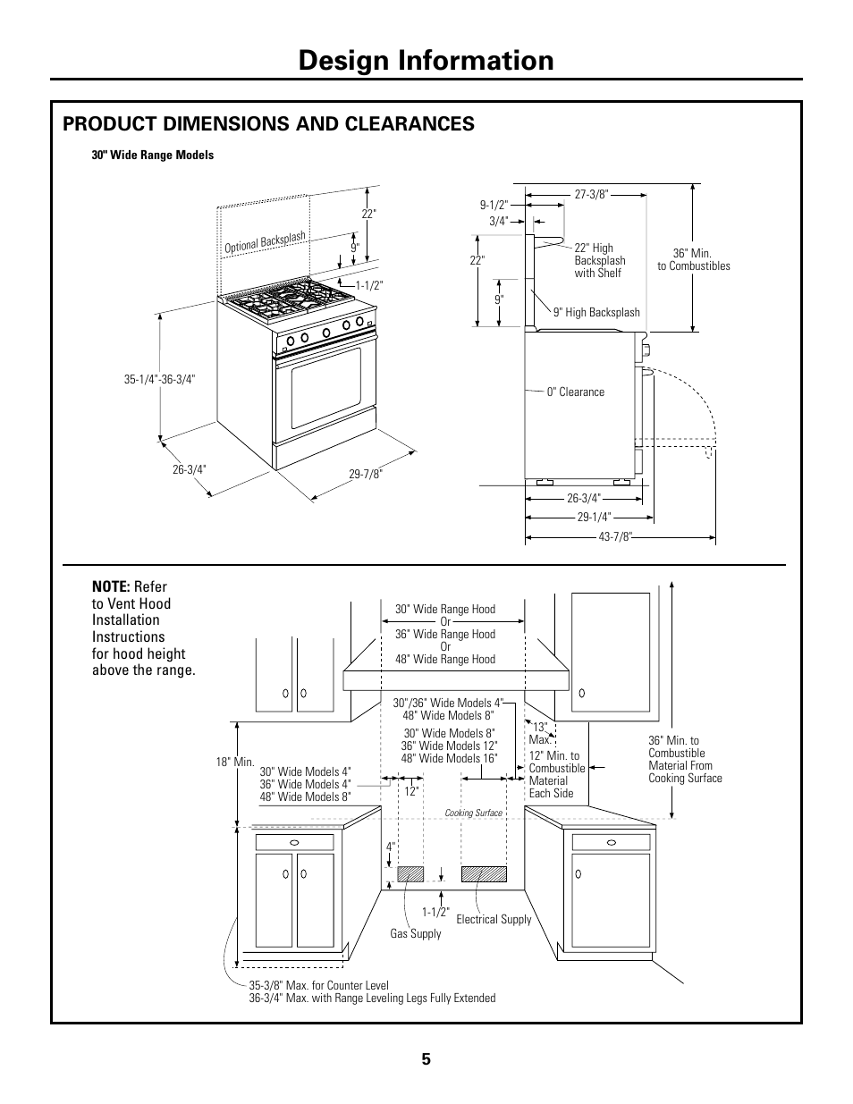 Design information, Product dimensions and clearances | GE Monogram ZDP48N6D User Manual | Page 5 / 16