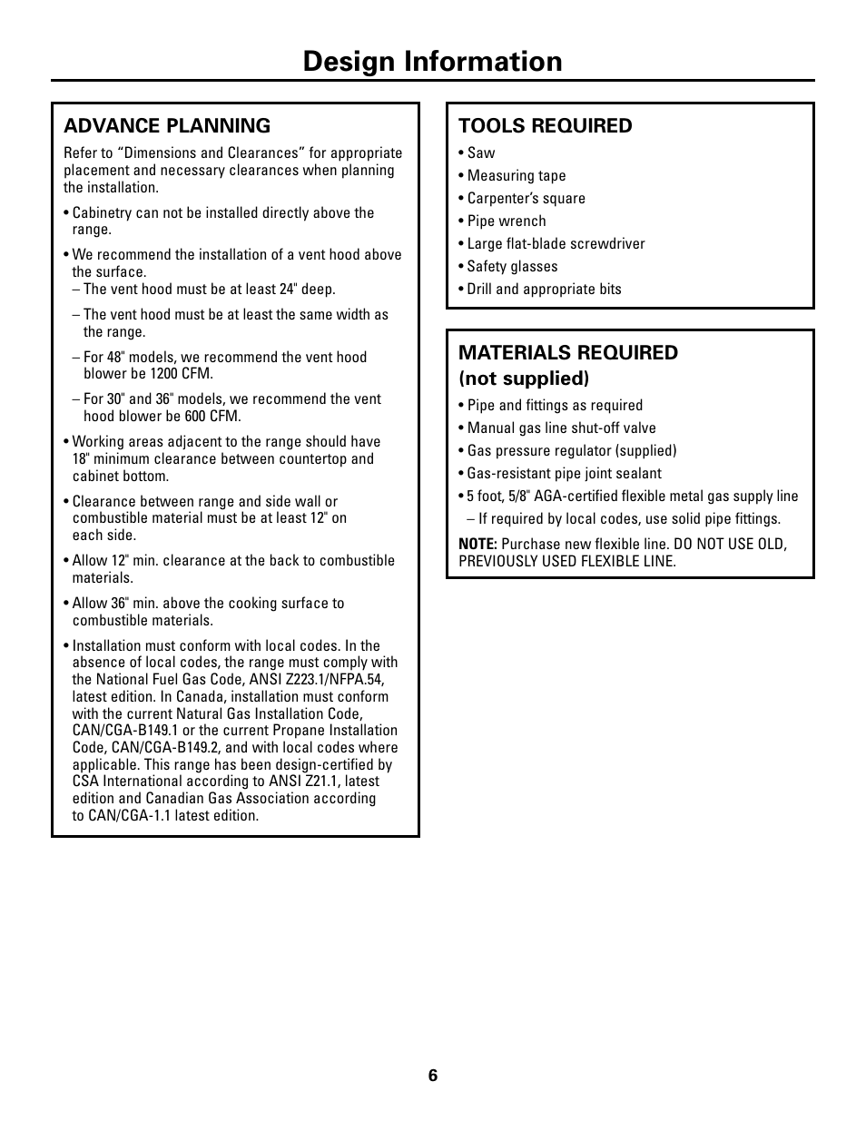 Advance planning, Tools and materials required, Advance planning tools and materials required | Design information | GE Monogram ZDP48N6D User Manual | Page 6 / 16