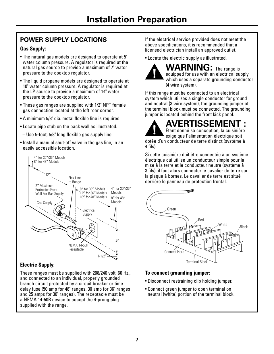 Power supply locations, Warning, Avertissement | Installation preparation | GE Monogram ZDP48N6D User Manual | Page 7 / 16