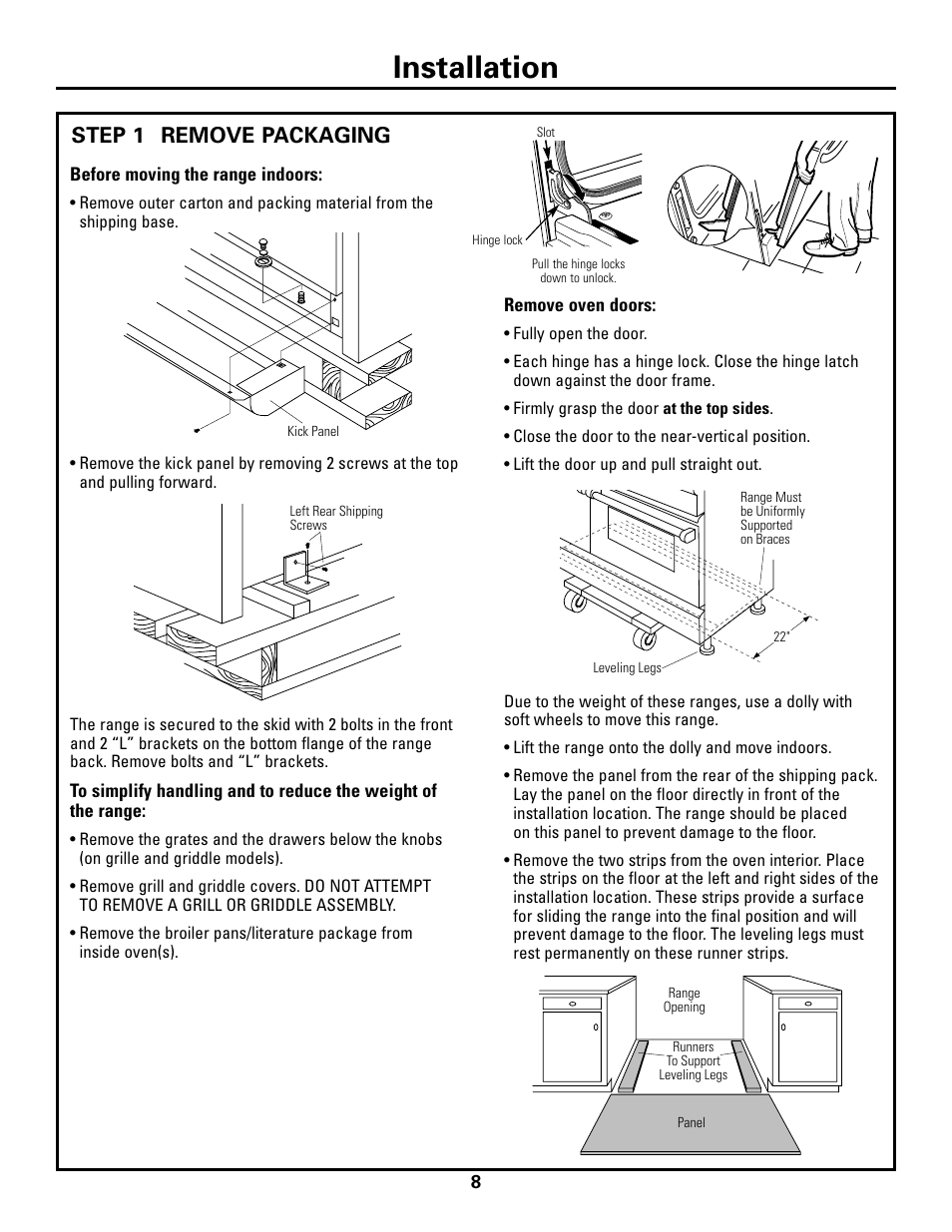 Step 1, remove packaging, Installation, Remove packaging | Step 1 | GE Monogram ZDP48N6D User Manual | Page 8 / 16