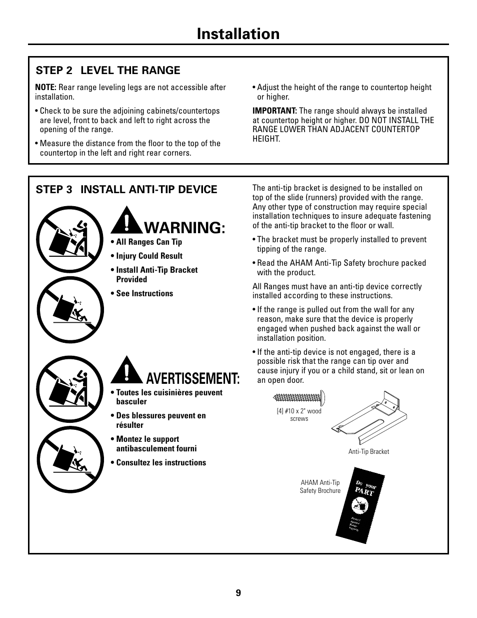 Step 2, level the range, Step 3, install anti-tip device, Warning | Avertissement, Installation | GE Monogram ZDP48N6D User Manual | Page 9 / 16