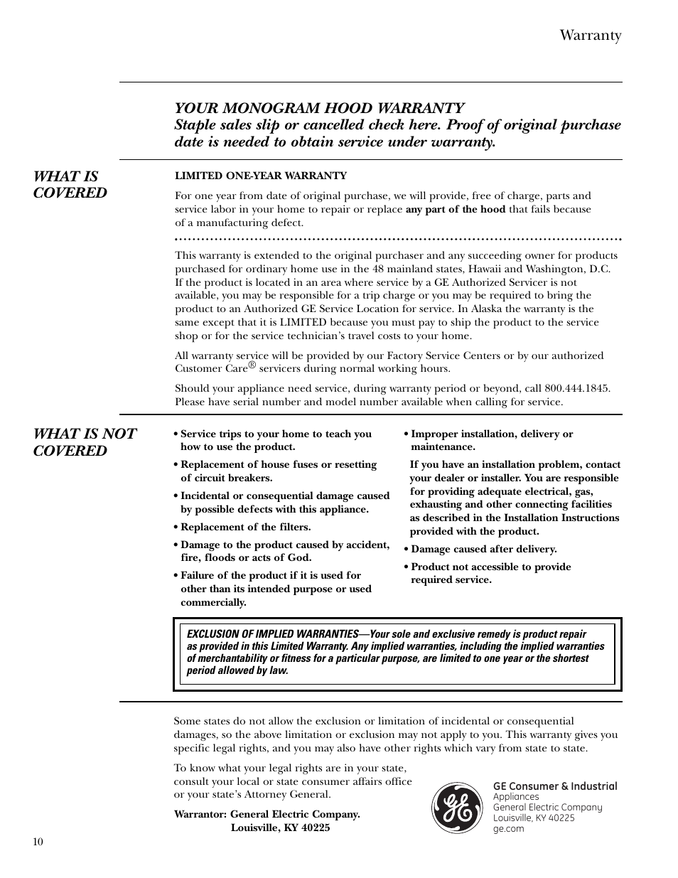 Warranty, What is not covered | GE Monogram ZV800 User Manual | Page 10 / 12