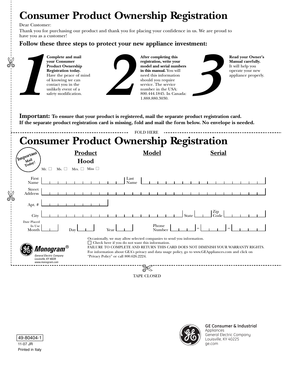 Consumer product ownership registration | GE Monogram ZV800 User Manual | Page 12 / 12