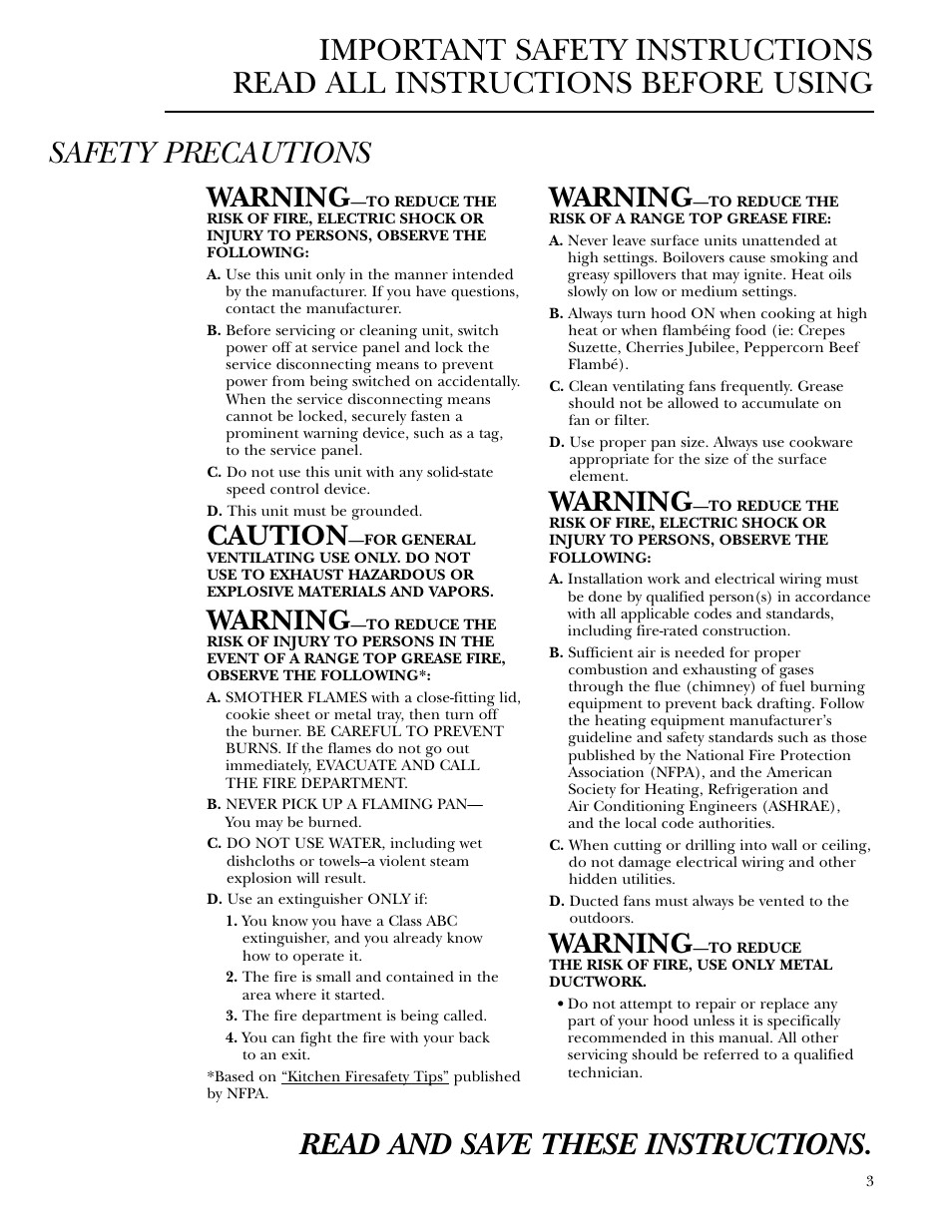 Safety instructions, Safety instructions , 4, Warning | Caution | GE Monogram ZV800 User Manual | Page 3 / 12