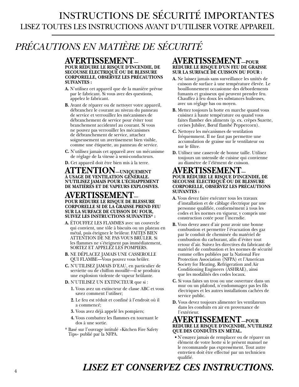 Instructions de sécurité importantes, Avertissement, Attention | GE Monogram ZV800 User Manual | Page 4 / 12