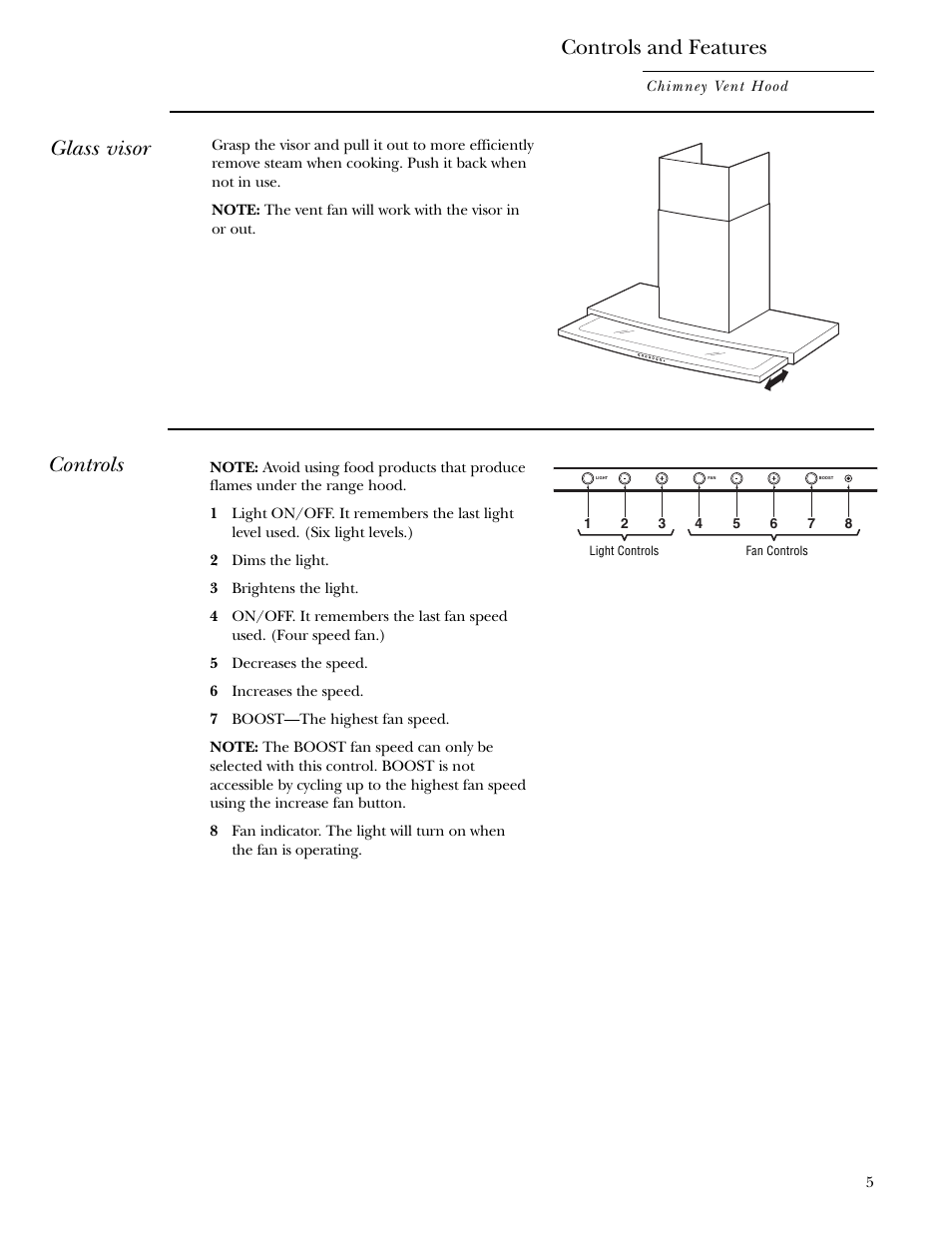 Controls and features, Controls, Glass visor | GE Monogram ZV800 User Manual | Page 5 / 12