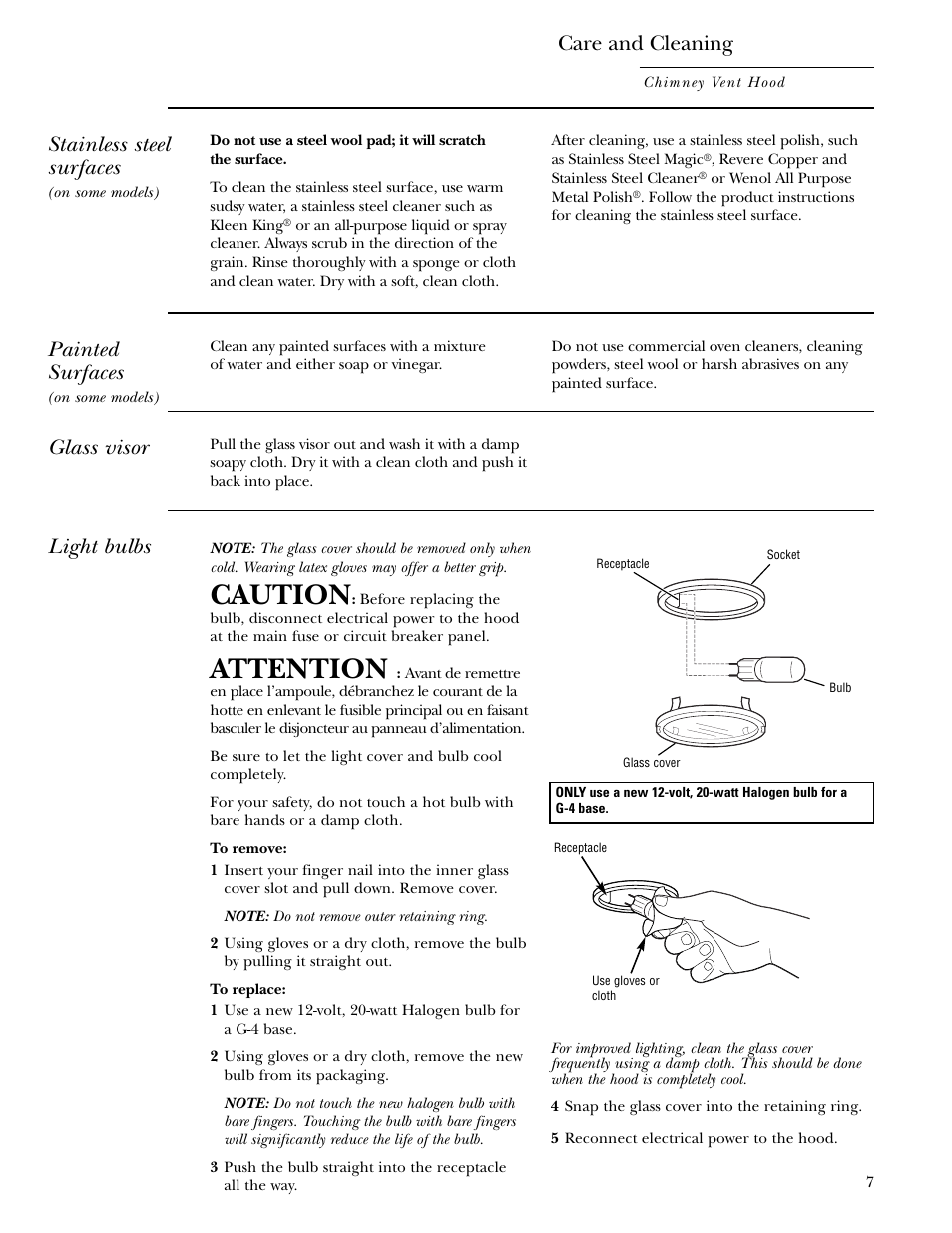 Hood surfaces, Light bulbs, Hood surfaces light bulbs | Caution, Attention, Care and cleaning, Stainless steel surfaces, Glass visor, Painted surfaces | GE Monogram ZV800 User Manual | Page 7 / 12
