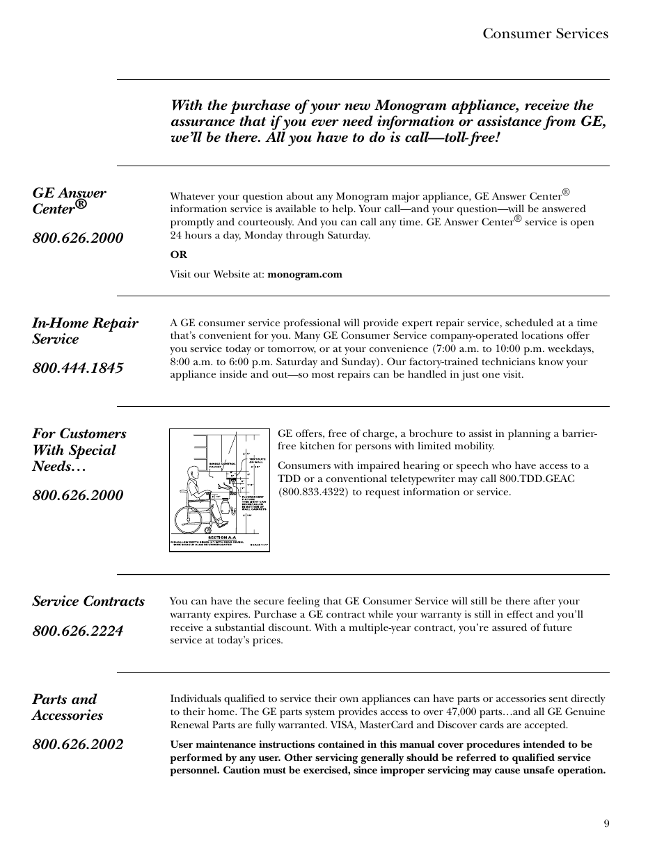 Important phone numbers | GE Monogram ZV800 User Manual | Page 9 / 12