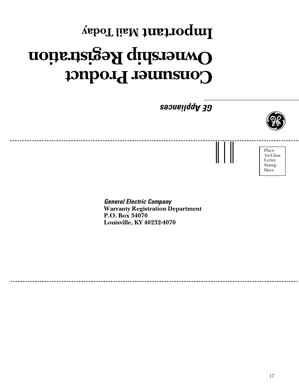Consumer product ownership registration, Important, Mail t oday | GE Monogram ZDB24 User Manual | Page 17 / 20