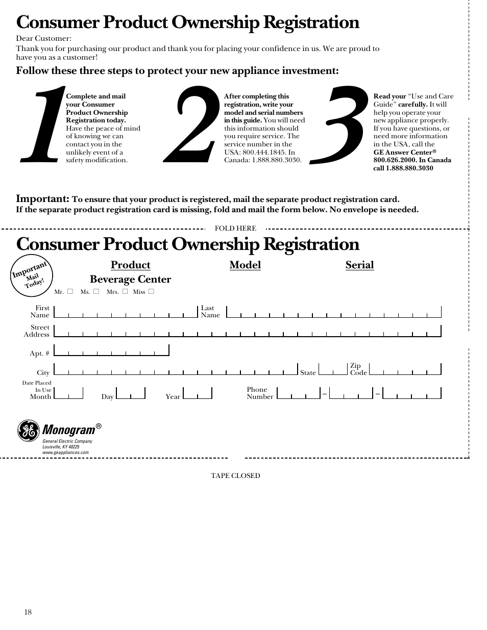 Product registration, Product registration , 18, Consumer product ownership registration | GE Monogram ZDB24 User Manual | Page 18 / 20