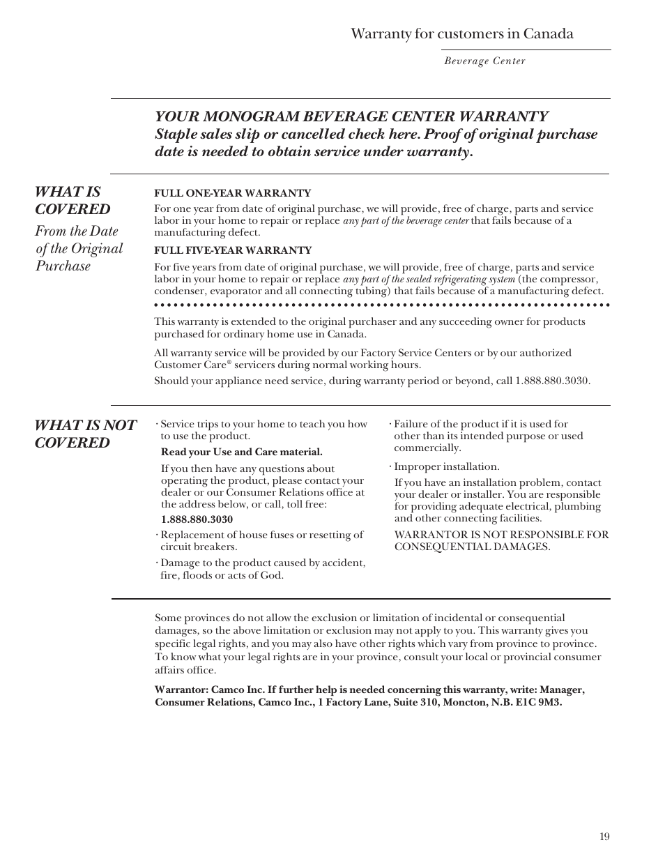 Warranty for customers in canada, What is not covered | GE Monogram ZDB24 User Manual | Page 19 / 20