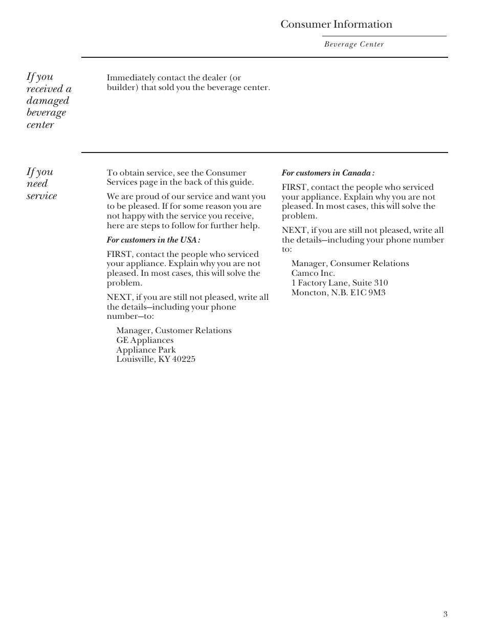 Repair service, Repair service , 16, If you received a damaged beverage center | If you need service, Consumer information | GE Monogram ZDB24 User Manual | Page 3 / 20