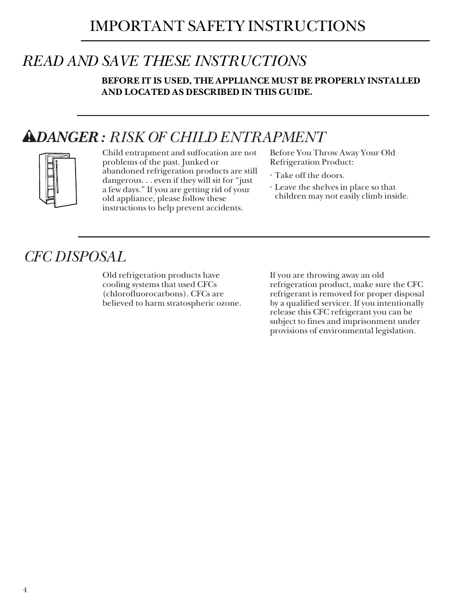 Safety instructions, Safety instructions –8, Cfc disposal | Wdanger: risk of child entrapment | GE Monogram ZDB24 User Manual | Page 4 / 20