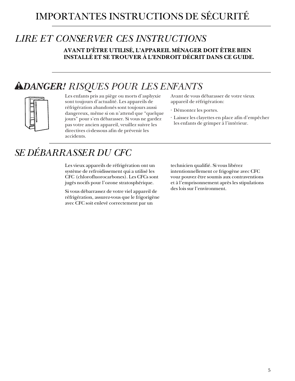 Wdanger! risques pour les enfants, Se débarrasser du cfc | GE Monogram ZDB24 User Manual | Page 5 / 20