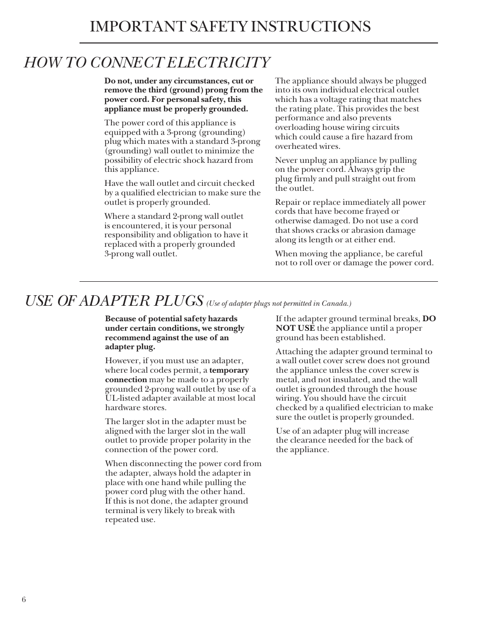 How to connect electricity, Use of adapter plugs, Important safety instructions | GE Monogram ZDB24 User Manual | Page 6 / 20