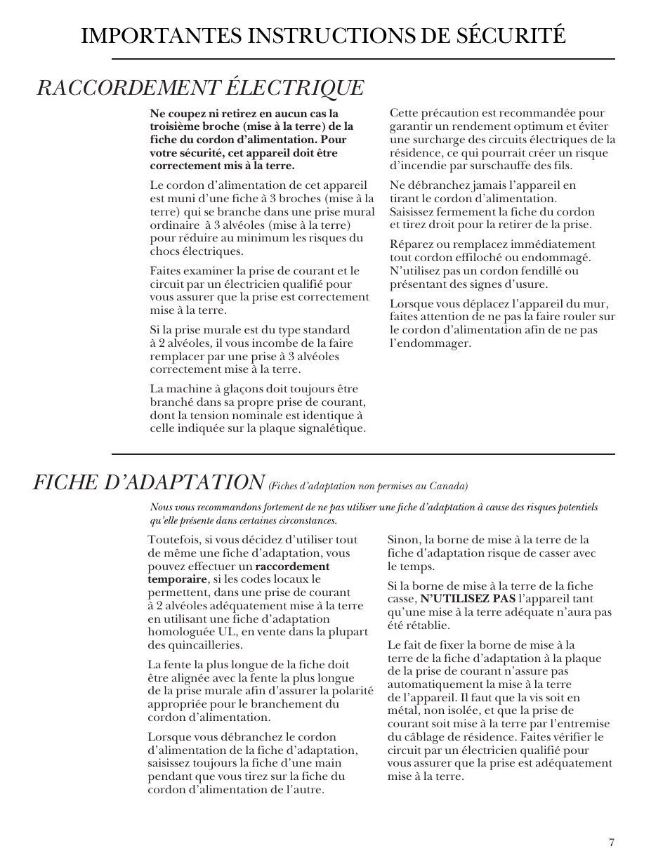 Raccordement électrique, Fiche d’adaptation, Importantes instructions de sécurité | GE Monogram ZDB24 User Manual | Page 7 / 20