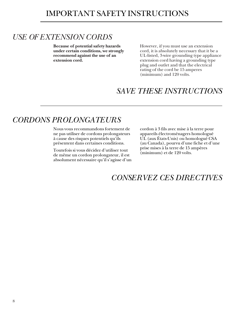 Use of extension cords, Important safety instructions | GE Monogram ZDB24 User Manual | Page 8 / 20
