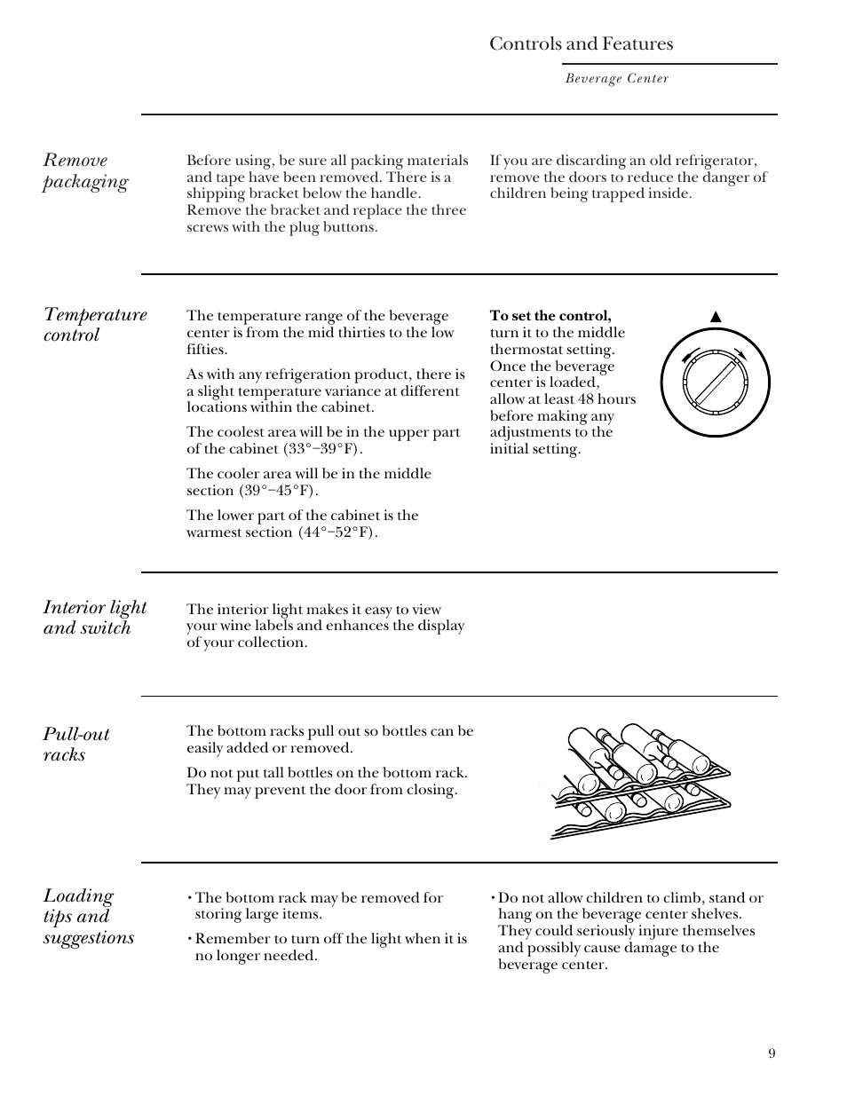 Controls and features, Remove packaging, Pull-out racks | Interior light and switch, Temperature control, Loading tips and suggestions | GE Monogram ZDB24 User Manual | Page 9 / 20