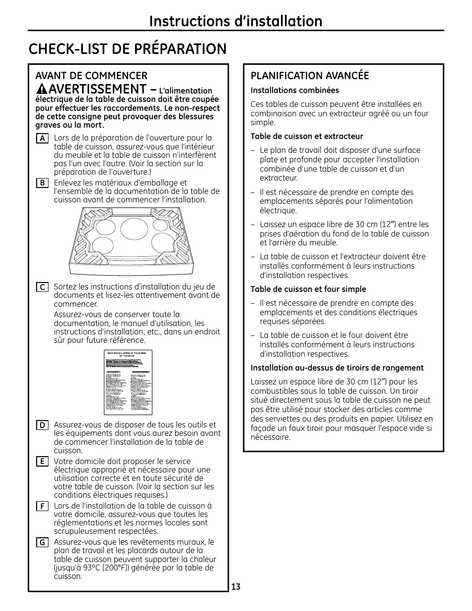 Check-list de préparation, Avertissement, Avant de commencer | Planification avancée | GE Monogram ZHU36 User Manual | Page 13 / 32