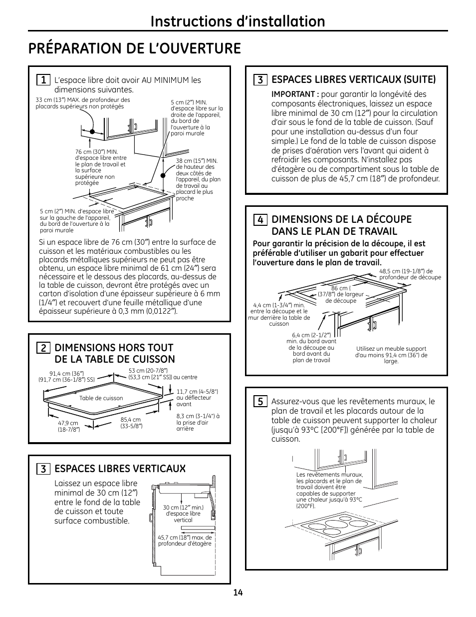 Préparation de l’ouverture, Instructions d’installation, Dimensions hors tout de la table de cuisson 2 | 5dimensions de la découpe dans le plan de travail, Espaces libres verticaux (suite), Espaces libres verticaux | GE Monogram ZHU36 User Manual | Page 14 / 32