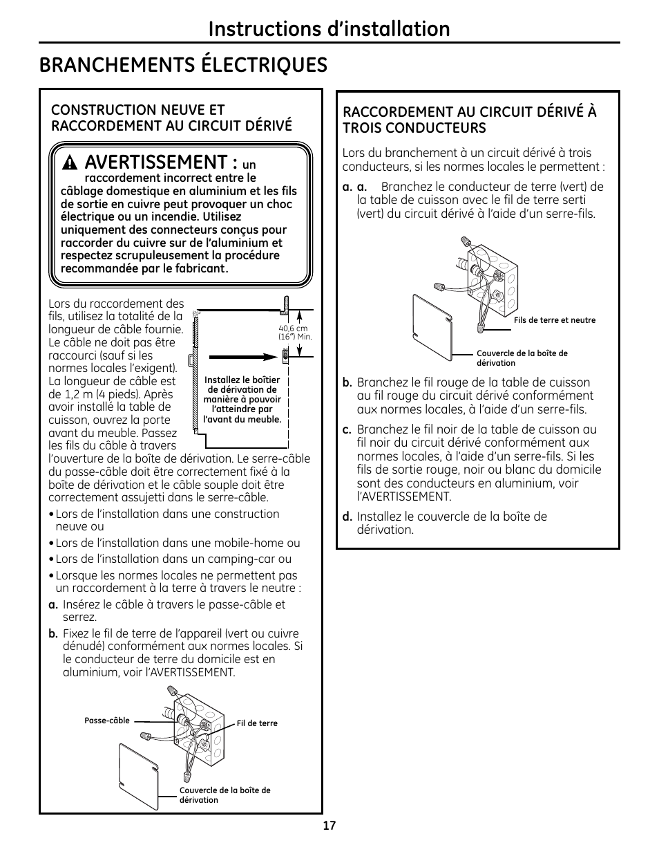 Branchements électriques, Avertissement, Raccordement au circuit dérivé à trois conducteurs | GE Monogram ZHU36 User Manual | Page 17 / 32