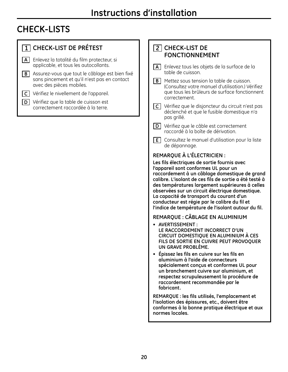 Check-lists, Instructions d’installation check-lists | GE Monogram ZHU36 User Manual | Page 20 / 32