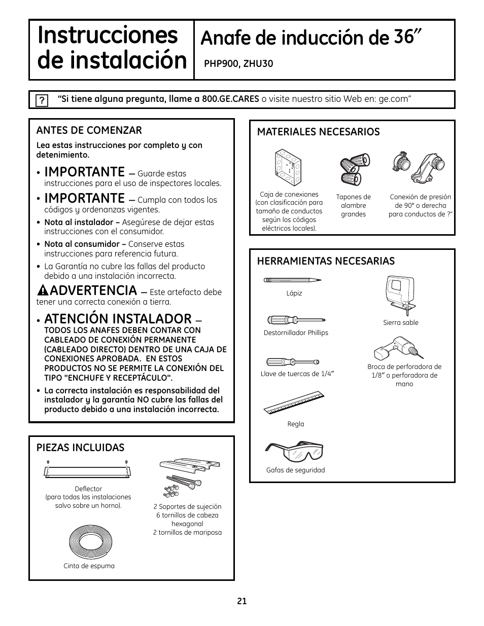 Español, Antes de comenzar, Instrucciones | De instalación, Anafe de inducción de 36, Importante, Advertencia, Atención instalador | GE Monogram ZHU36 User Manual | Page 21 / 32