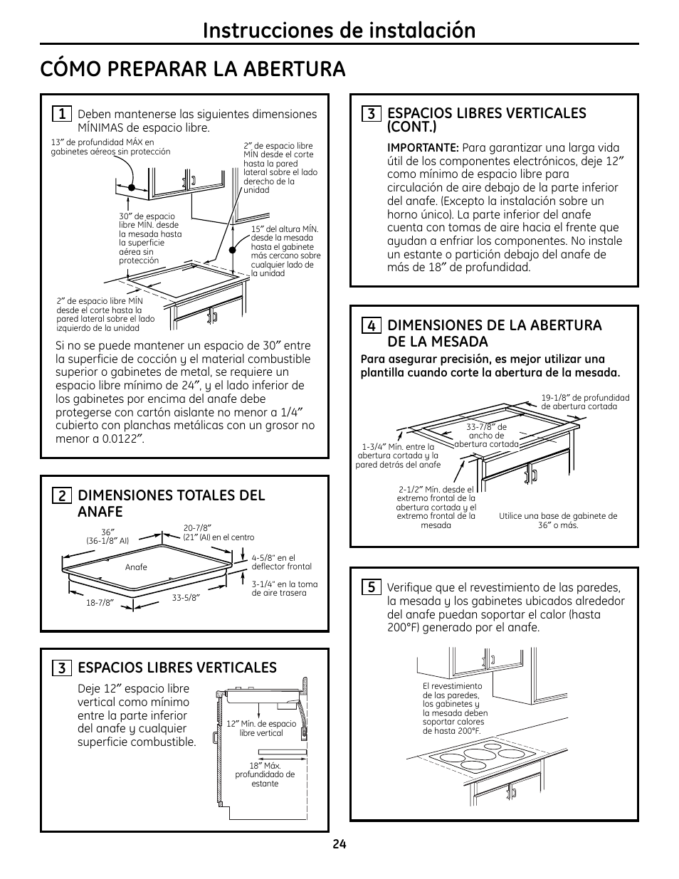 Cómo preparar la abertura, Instrucciones de instalación, Dimensiones totales del anafe 2 | 5dimensiones de la abertura de la mesada, Espacios libres verticales (cont.), Espacios libres verticales | GE Monogram ZHU36 User Manual | Page 24 / 32