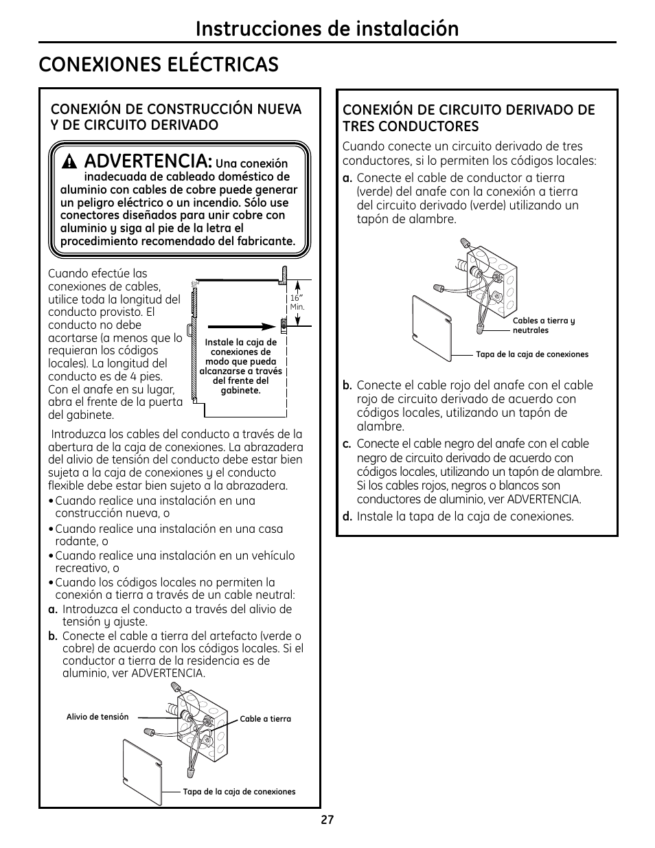 Conexiones eléctricas, Conexiones eléctricas instrucciones de instalación, Advertencia | Conexión de circuito derivado de tres conductores | GE Monogram ZHU36 User Manual | Page 27 / 32