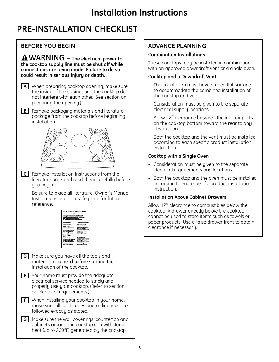 Pre-installation checklist, Installation instructions, Warning | Before you begin, Advance planning | GE Monogram ZHU36 User Manual | Page 3 / 32