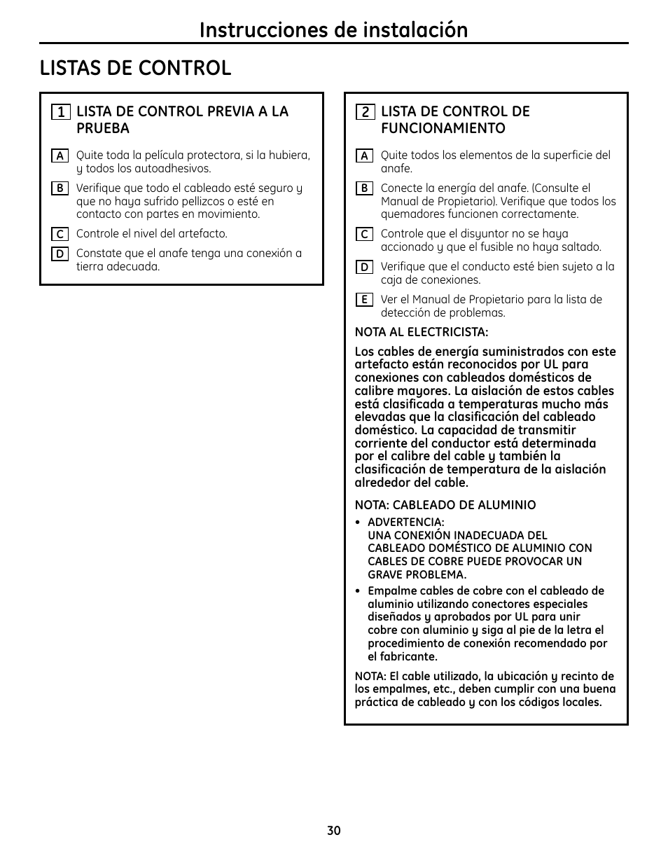 Listas de control, Instrucciones de instalación listas de control | GE Monogram ZHU36 User Manual | Page 30 / 32